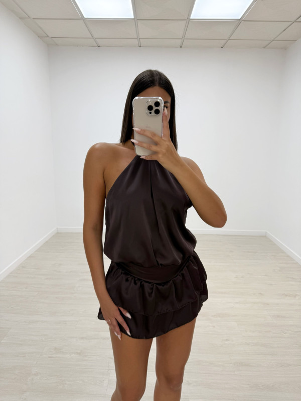 VESTIDO-MONO VOLANTES SATINADO MARRÓN
